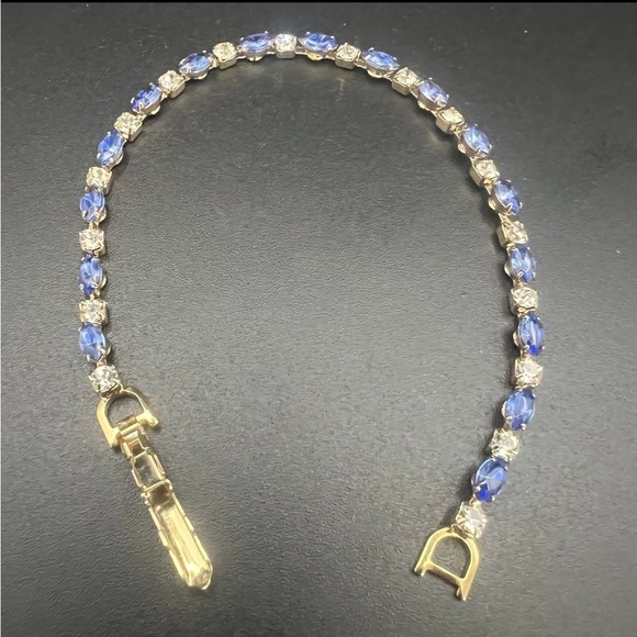 Vintage Gold Plated Tennis Bracelet – Blue & Clear Rhinestones, 7.5” - Picture 8 of 14